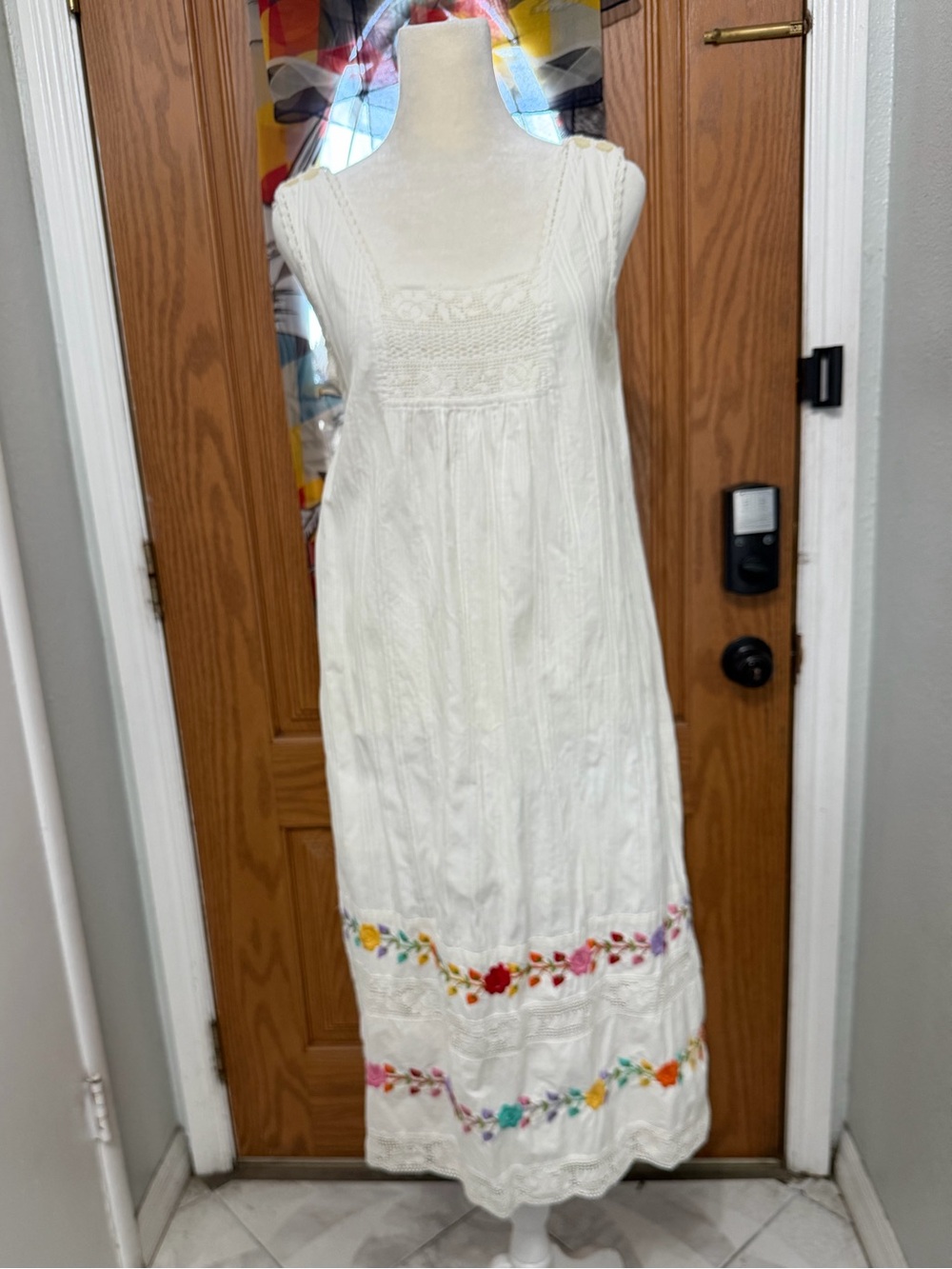 Anna Sui White Maxi Dress with Multicolor Floral Embroidery